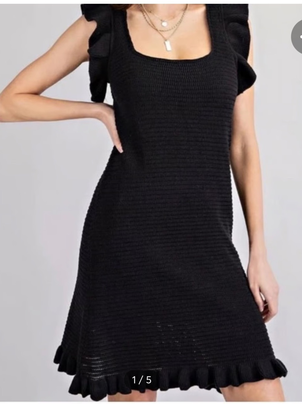 House of Harlow 1960 Black Ruffle-Trim Knit Midi Dress